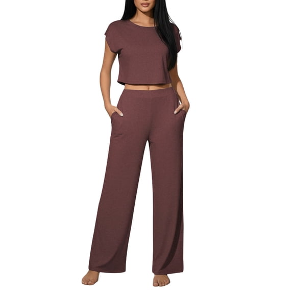 hotojiny Two Piece Sets for Women Summer Travel Vacation Outfits Cap Sleeve Cropped Tops Wide Leg Lounge Pants Matching Sets