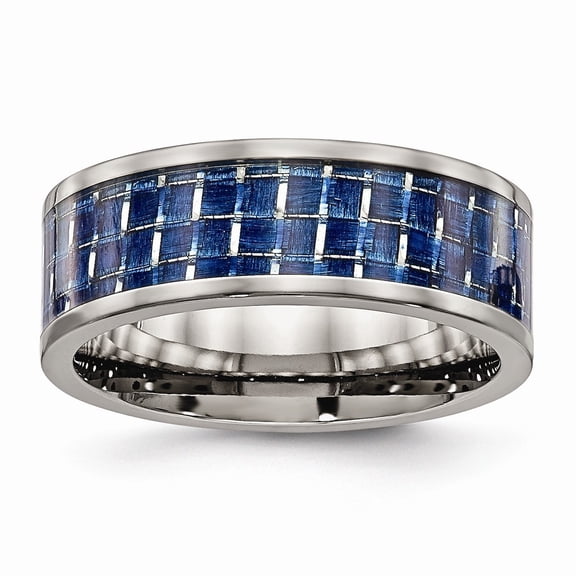 8mm Titanium Polished With Blue Carbon Fiber Ring - Size 12.5