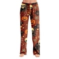 thumbnail image 2 of Women Pajama Pants Baggy Wide Leg Funny Pumpkin Halloween Pjs Pants | Pumpkin Printed, Elastic Waist Pull on, Night Lounge Pants, Fall Winter Soft,Ladies Pajamas Bottoms Brown,XL, 2 of 9