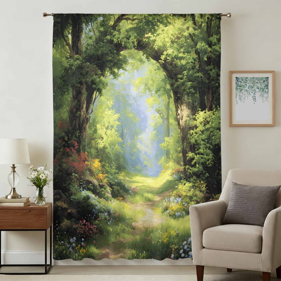 Forest Sheer Curtains 63 Inches Long, Nature Woodland Spring Scenic Green Trees Flower Light Filering Curtains, Breathable Simi Curtain Privacy Drapes for Living Room Bedroom Window Treatment