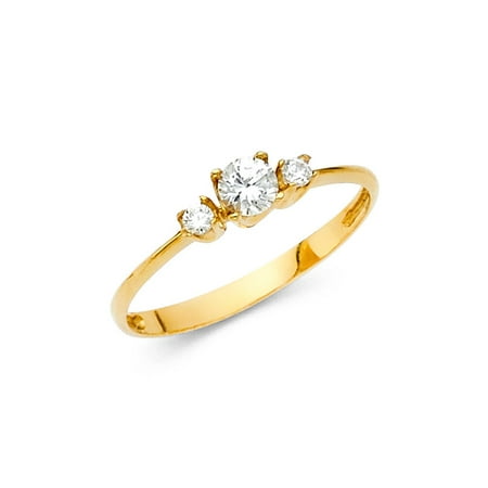 Three Stone CZ Ring Solid 14k Yellow Gold Band Right Hand Round CZ Promise Ring Right Hand