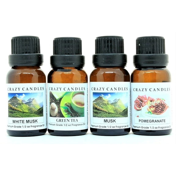 Crazy Candles 4 Bottles Set, 1 Green Tea, 1 White Musk, 1 Musk, 1 Pomegranate 1/2 Fl Oz Each (15ml) Premium Grade Scented Fragrance Oils