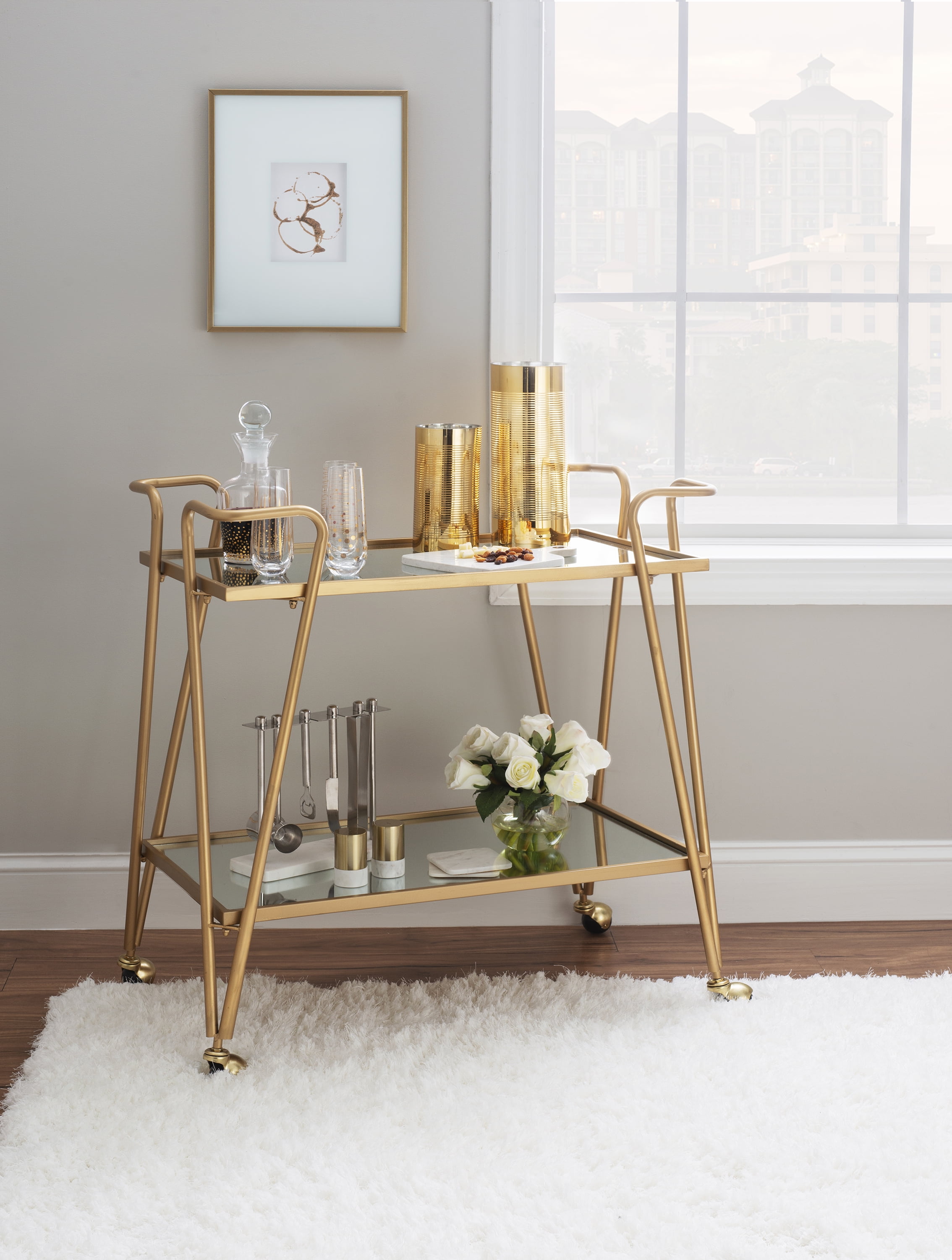 Free Shipping! Linon Mia Mid-Century Mirrored Metal Bar Cart