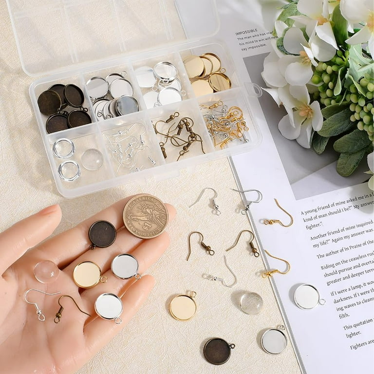1 Box 120pcs Cabochon Earring Making Kit 14mm Cabochon Settings Trays Glass Cabochon Earring Settings Stainless Steel Earring Bezels for Jewelry