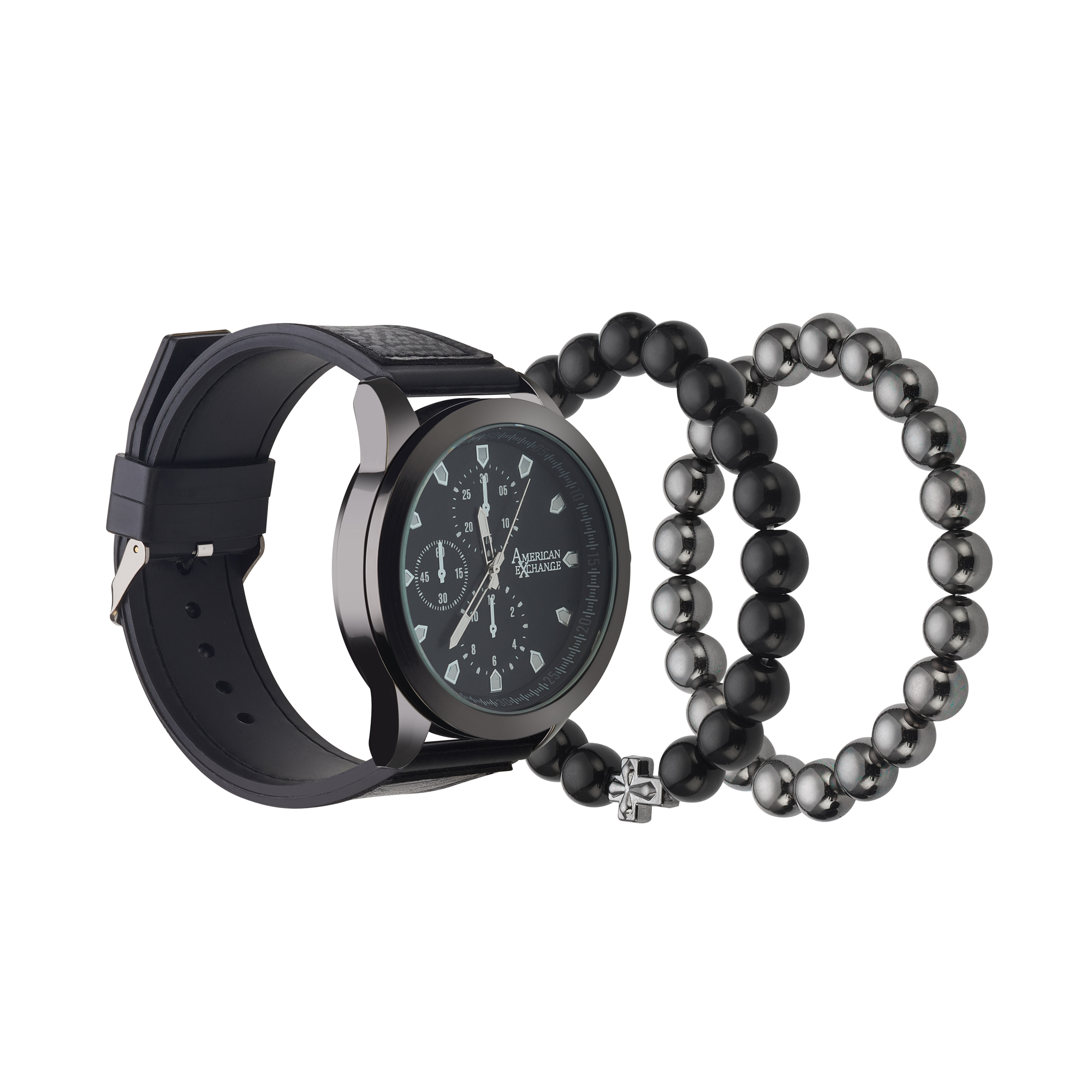 American Exchange Men's Black PU Leather Strap 47mm Analog Watch w/ Bracelets