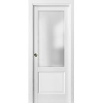 Sliding French Pocket Door with | Lucia 22 White Silk with Frosted Glass | Kit Trims Rail Hardware | Solid Wood Interior Bedroom Sturdy Doors-42" x 96"