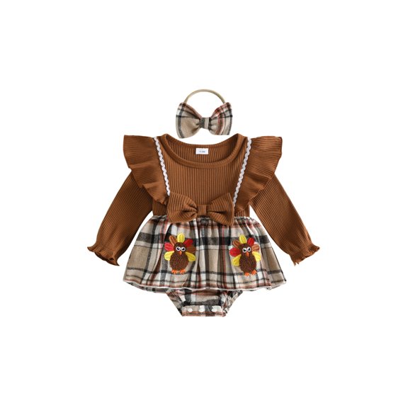 Cjfdfy Newborn Baby Girls Thanksgiving Turkey Fall Outfits Ruffle Long Sleeve Ribbed Romper Turkey Applique Dress And Headband Set Cute Thanksgiving Holiday Outfit