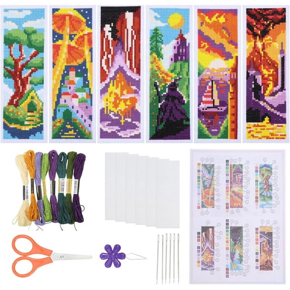 6 Pcs Cross Stitch Bookmark Kit Beginner Landscape Castle Stamped Embroidery Stitch Kits Starter DIY Bookmarks Printed Cross Stitch Kits with 19 Colors Embroidery Floss