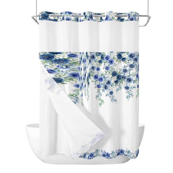 No Hook Shower Curtains with Snap-in Liner Set, Blue Roses Waterproof Hotel Style Bathroom Shower Curtain, Spring Floral Elegant Pastoral Flowers Botanical Breathable Mesh Top Bath Curtains 72''x84''