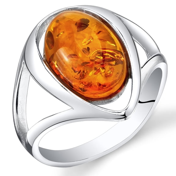 PEORA Genuine Baltic Amber Ring for Women in Sterling Silver, Rich Cognac Color, Oval Shape Solitaire, Comfort Fit, Size 8
