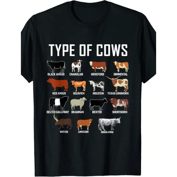 Retro Types of Cows Educational Infographic T-Shirt - Funny Cattle Breeds Farmer Gift - Vintage Animal Lover Graphic Tee for Men and Women