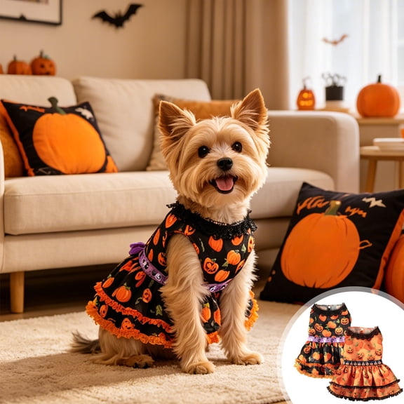 Aoznliie Dog Clothes, Halloween Pumpkin Lace Dress for Small Cats Dogs, L 8.8-13.2lb Cute Pet Outfit for Halloween Party & Pet Cosplay, Black