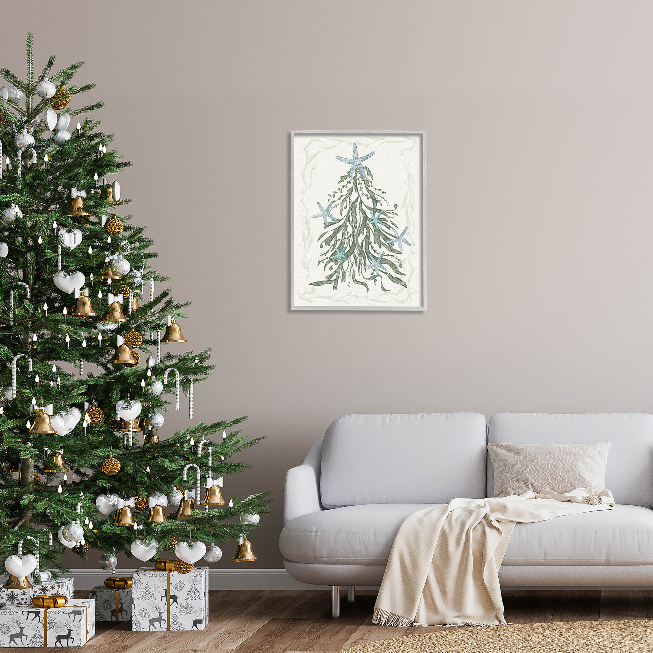 Nautical Christmas Tree Sea Life Holiday Graphic Art Gray Framed Art Print Wall Art