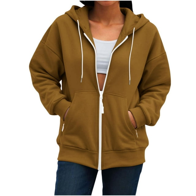 aohooy Crop Full Zip Up Hoodie Women Oversized Hooded Sweatshirt Fall Basic Plain Casual Fall Jackets with Pockets Drawstring Brown,S