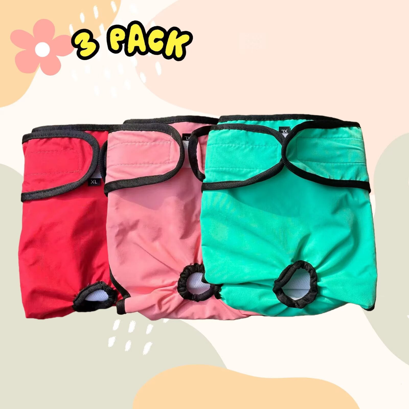 FanciHommie 3-Pack Reusable Female Dog Diapers with Adjustable Hook-and-Loop Tape, Ripstop Outer & Absorbent Lining, XL Red/Teal/Pink