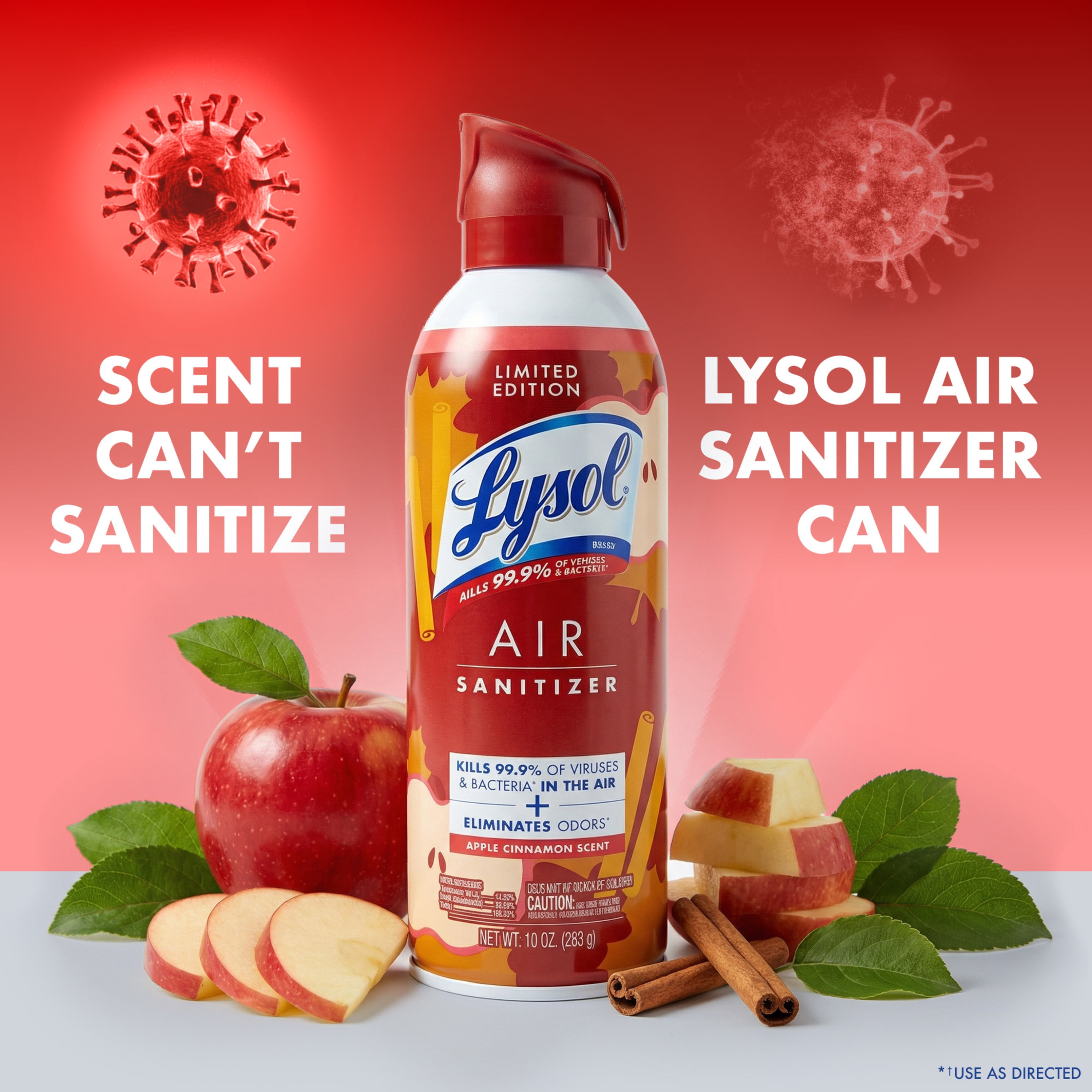 Lysol Air Sanitizer Spray, Bacterial Odor Elimination, Apple Cinnamon Scent, 10 oz
