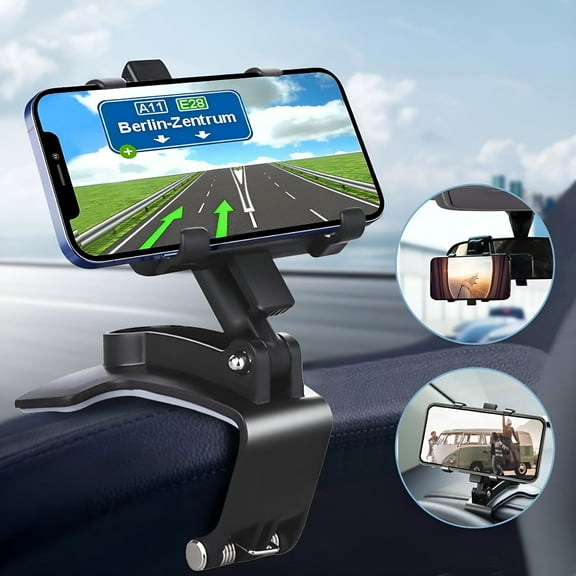 DESIGNICE Phone Mount for Car, Car Phone Holder, 360 Degree Rotation Dashboard Clip Mount with A Curved Base Featuring A Soft Pad Compatible with Most Phones, Black