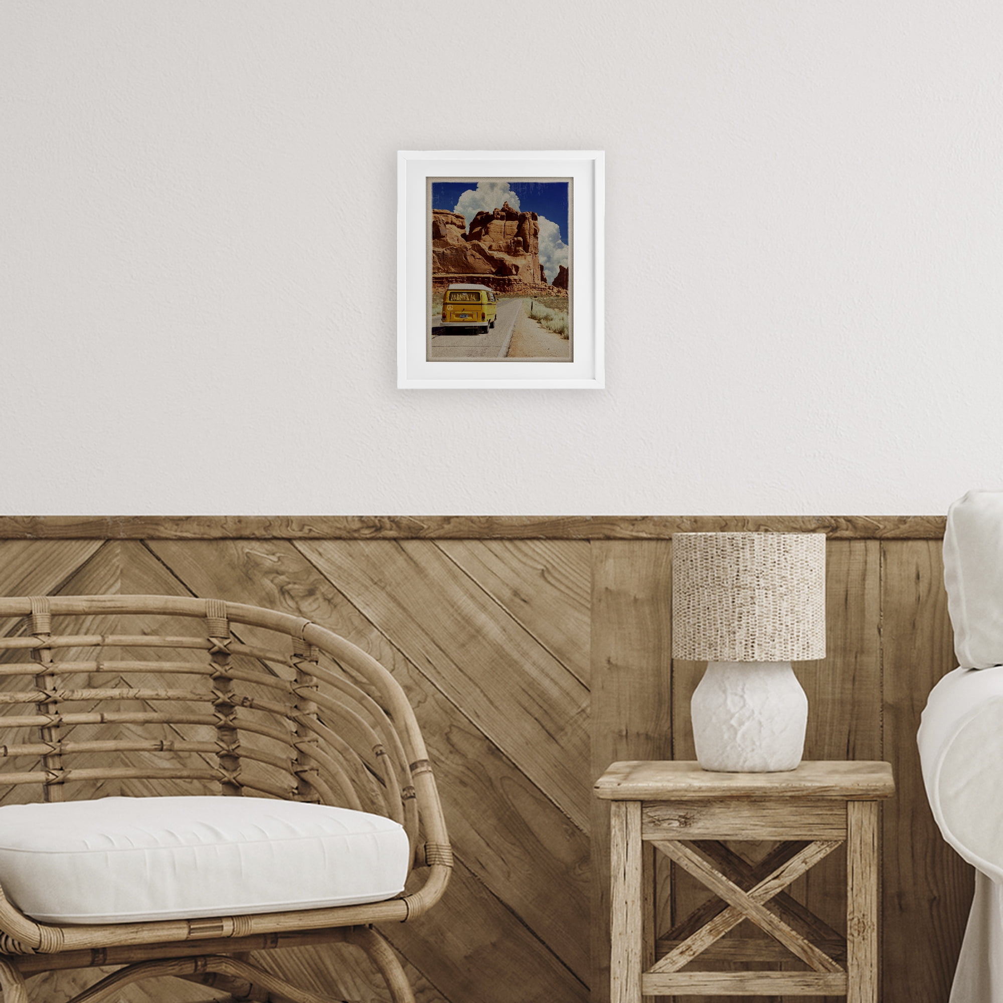 Retro Desert Adventure White Framed Print Under Glass, design by Old Red Truck