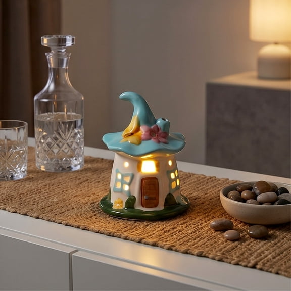 Halloween Witch House Ceramic Nightlight, Flame Effect Warm Yellow LED, Gothic Bedside or Desktop Lamp, Halloween Desk Ornament and Holiday Gift Decor