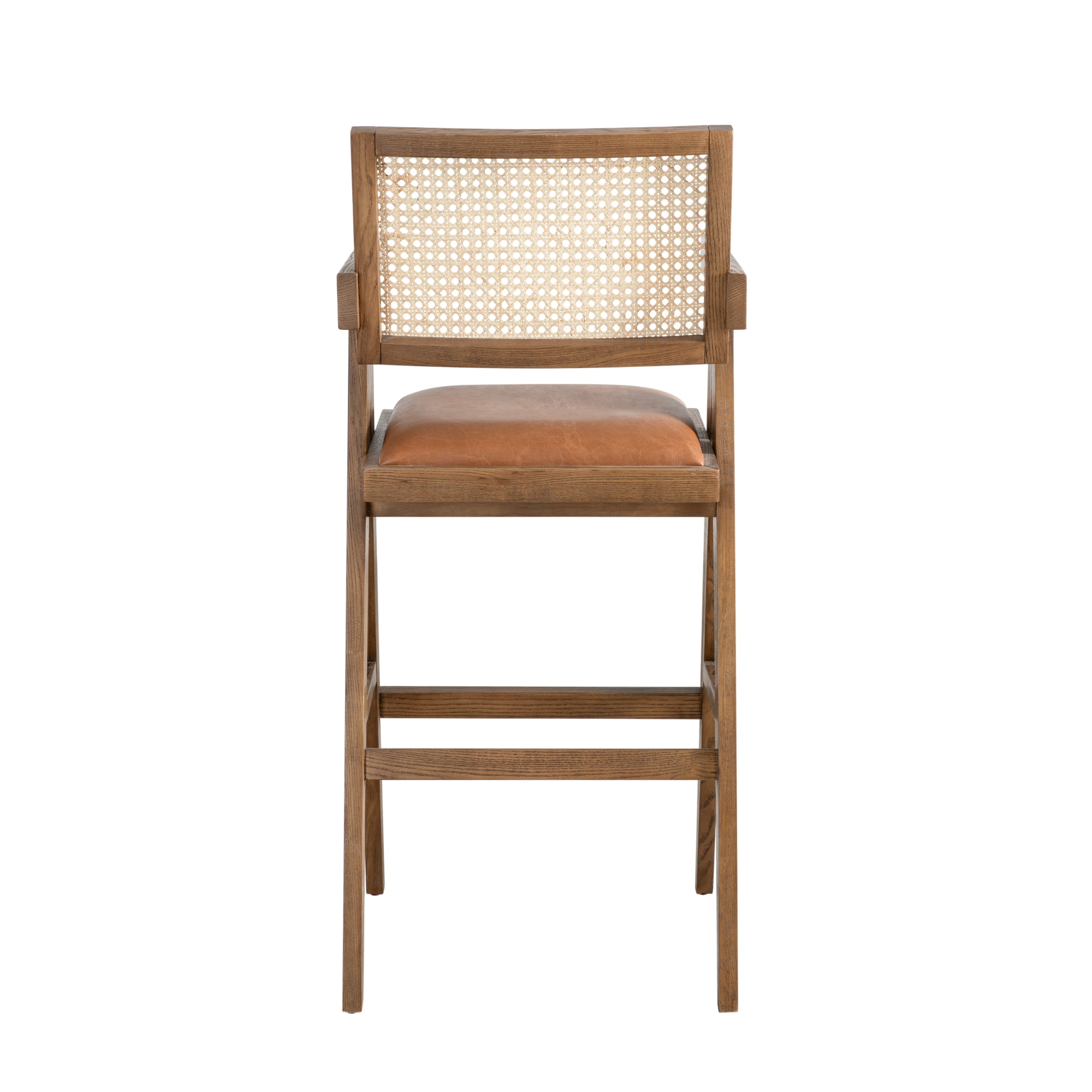 Harley Nutmeg Brown Solid Wood and Rattan Upholstered 30" Bar Height Barstool with Red/Brown Faux Leather Seat - Set of 4