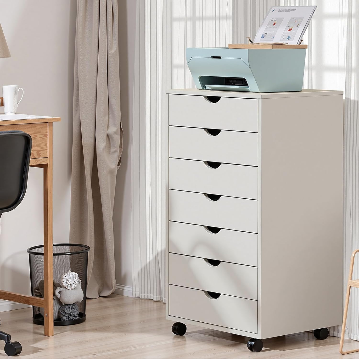 7 Drawer Storage Organizer, 34.25'' Height File Cabinets Dressers With Wheels, Wood Cabinet For Home Office, Bedroom, Study, White