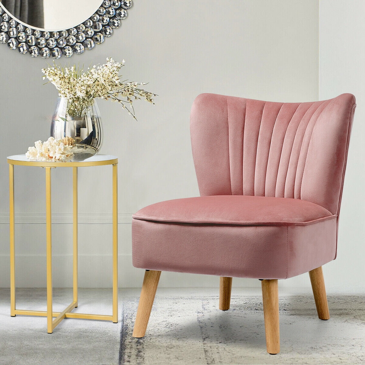 Gymax 2PCS Accent Leisure Chair Single Sofa Armless w/ Wood Legs Pink