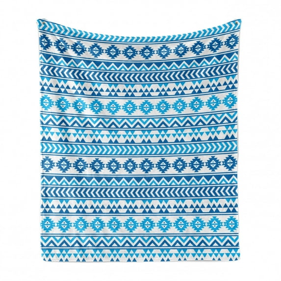 Tribal Soft Flannel Fleece Throw Blanket, Aztec Pattern with Geometric Folk Cultural Forms Prehistoric Image, Cozy Plush for Indoor and Outdoor Use, 50" x 60", Blue White, by Ambesonne