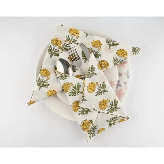 New Era Creation Bumblebee Yellow, Green Marigold Flower Indian Hand Block Printed Pure Cotton Cloth Napkins,Cocktail Napkins,Dinner Napkins