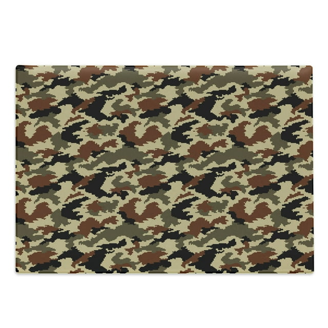 Camouflage Cutting Board, Pixel Art Style Blending in Environment Pattern Abstract Fashion Design, Decorative Tempered Glass Cutting and Serving Board, Large Size, Brown Black Sepia, by Ambesonne