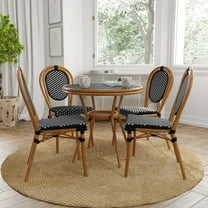 Merrick Lane French Bistro Style Table with Glass Top, Black & White PE Rattan, 2 Stack Chairs, and Bamboo Finished Metal Frame for Indoor/Outdoor Use