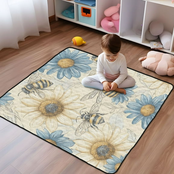WOBOGO Blue White Flower Bee Pattern Baby Playmats Extra Large Waterproof Rollable Activity Pads for Toddlers 50×50inch