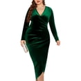 thumbnail image 1 of Womens Plus Size Long Sleeve Velvet Bodycon Dresses Elegant Ruched Wrap Deep V Neck Party Cocktail Dress, 1 of 9