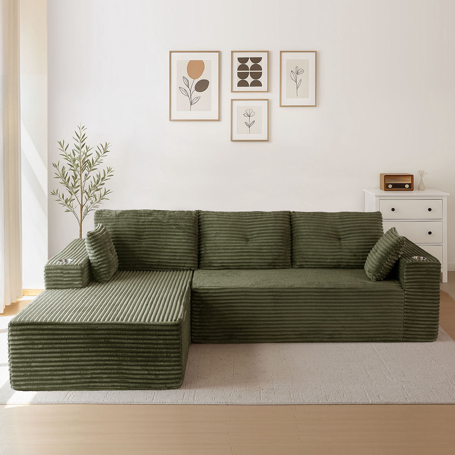 BYBYME 104" Cloud Sectional Couch with L-Shape Chaise Modern Comfy Modular Plush Corduroy Sofa for Living Room,No Assembly Required,Left Facing Chaise,Green