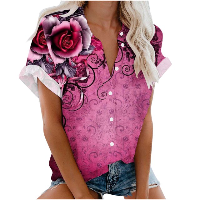 Blusa con estampado floral de manga corta con cuello en V para mujer OAVQHLG3B Store lin121212