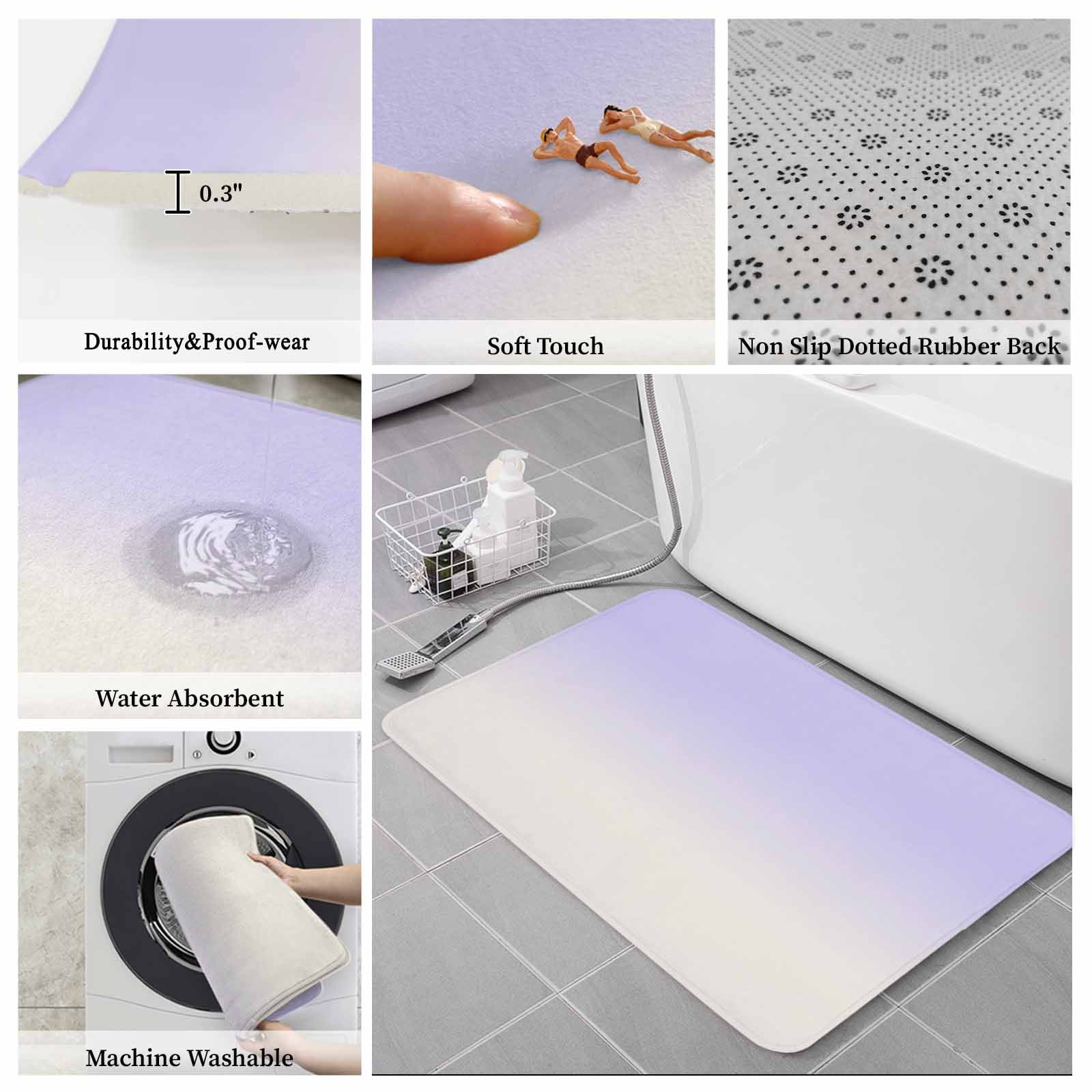 Ombre White Bath Mat 3 Piece Bathroom Rug Set, Romatic Purple Art Non Slip Bath Rug Contour Mat and Toilet Lid Cover, Absorbent Shower Mats Soft Bath Rugs and Mats Sets