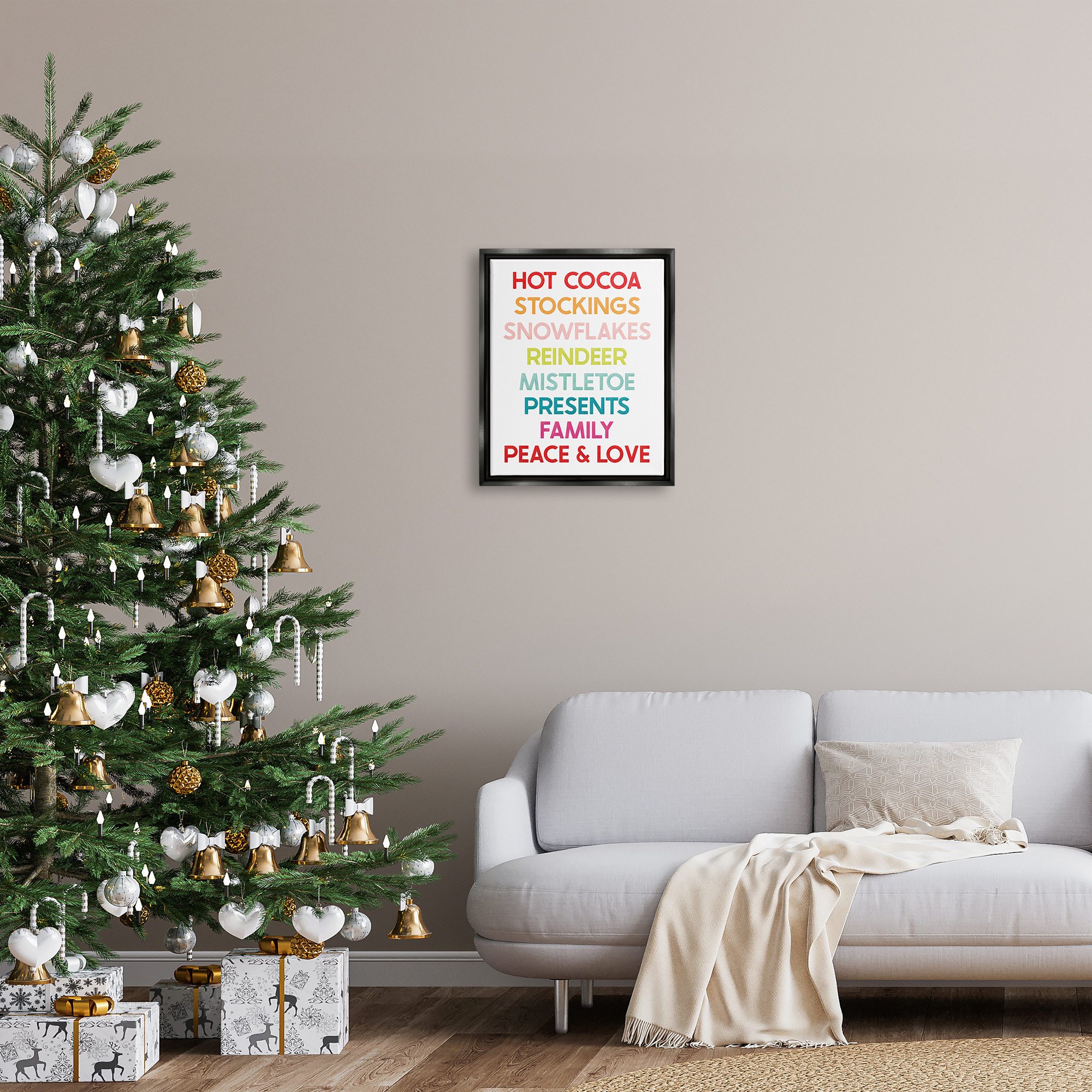 Stupell Industries Peace & Love Rainbow Christmas List Holiday Painting Black Floater Framed Art Print Wall Art