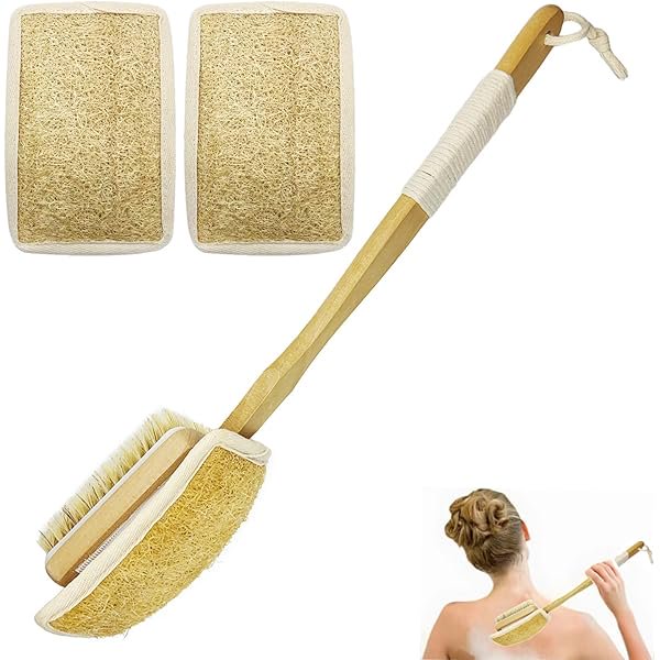 wonima11 Loofah on a Stick, Back Scrubber for Shower,Long Handle Dual-Sided Body Brush, Exfoliator for Bath or Dry Brush,Deep Cleansing of Skin.