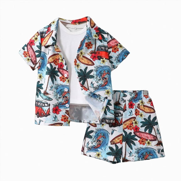 Nwiuh Toddler Baby Boy Clothes Hawaiian Outfit Shorts Sets Printed Button Down Shirt and Shorts Summer Beach Clothes 1-5T(Light Blue, 2-3 Years)