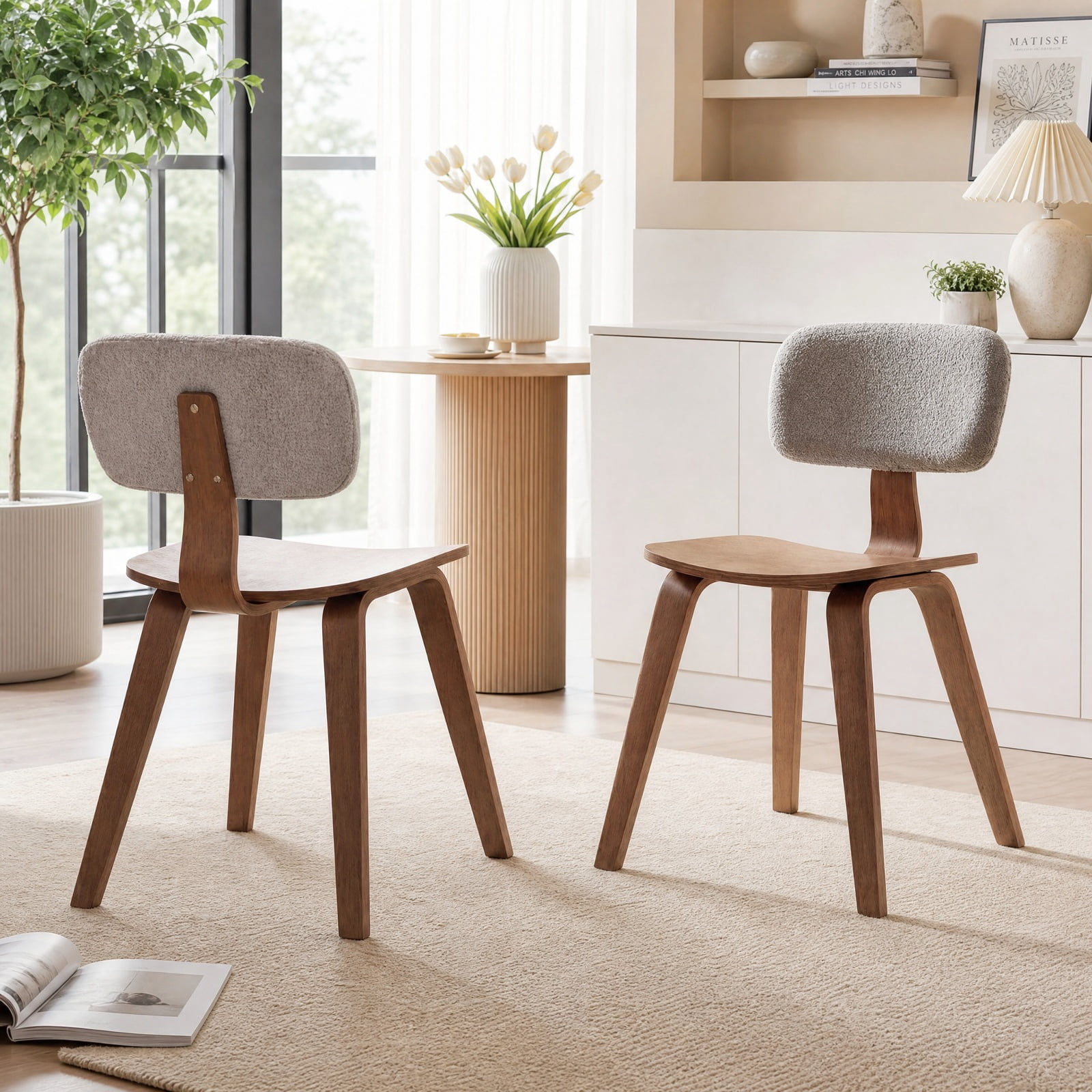 Furnibear Set of 2 Upholstered Dining Chairs with Teddy Velvet Padded Curved Backrest, Solid Rubber Wood Frame,Armless for Kitchen and Dining Room, Grey and Walnut