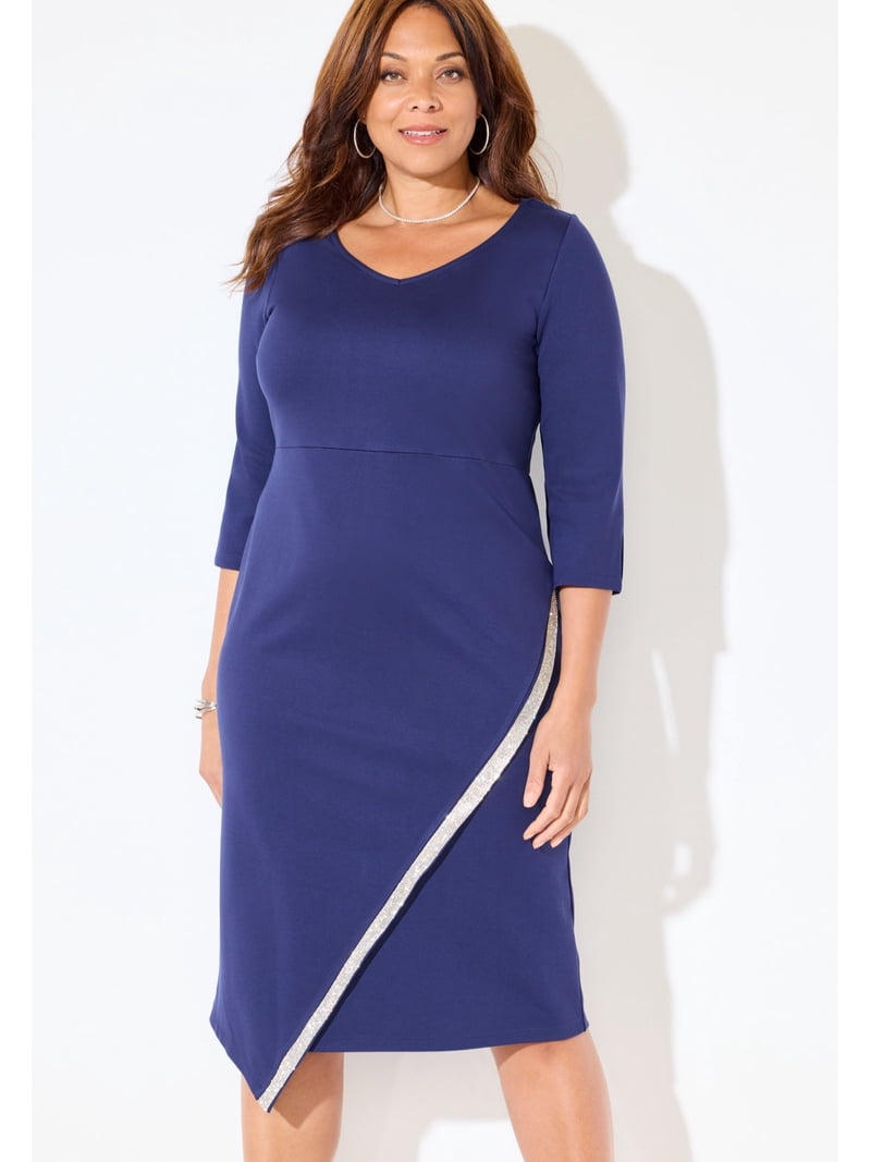 navy blue dress for baby girl Catherines Women's Plus Size Asymmetrical Bell Sleeve Ponte Dress