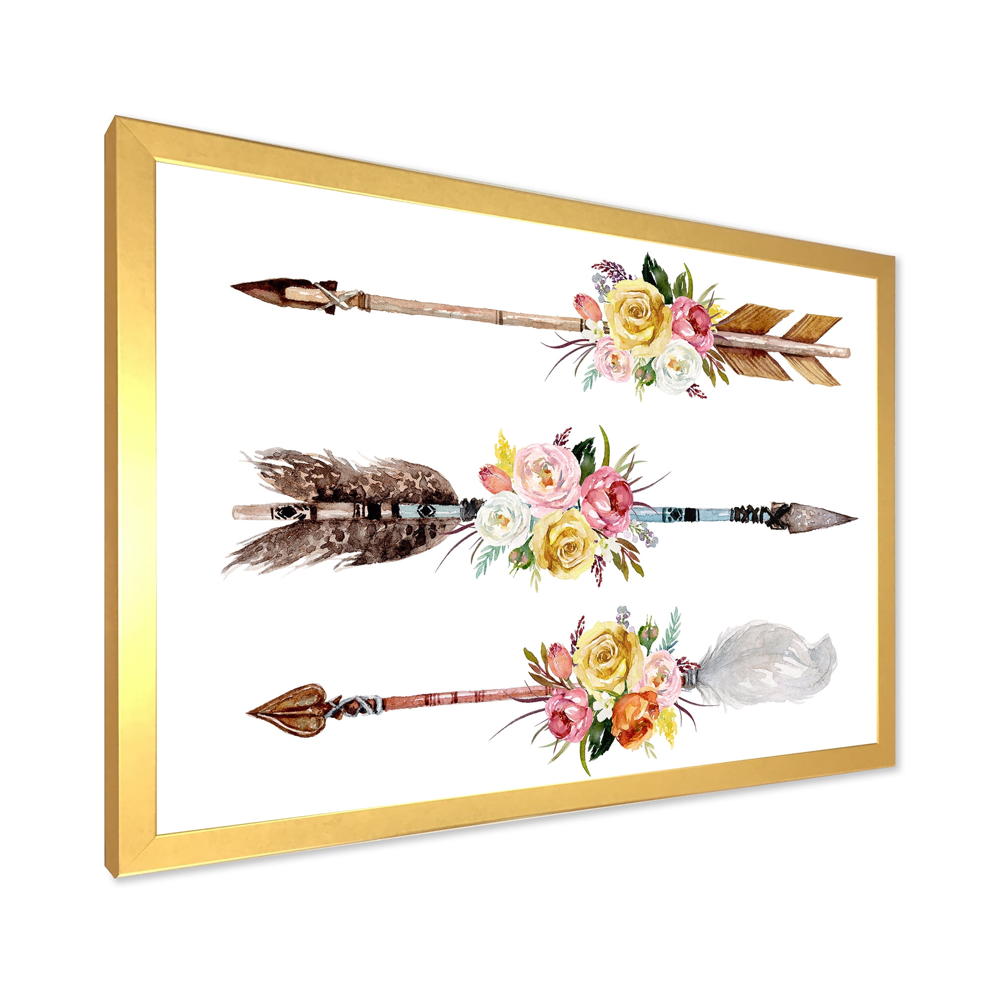 Designart 'Flowers and Ethnic Feathers On Native Arrows II' Bohemian & Eclectic Framed Art Print