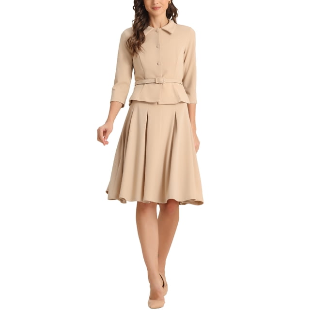 Conjuntos de traje de falda inspiradores y elegantes para mujeres, 2 piezas, oficina, chaqueta de blazer de 3/4 de manga, faldas plisadas, talla S, caqui