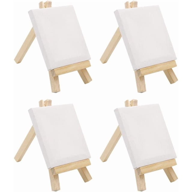 Xiao Hua Juego de 4 mini caballetes de madera para lienzo, caballete en blanco con lienzos, mini paneles de lienzo para pintar, mini lienzos para arte, pintura, dibujo y manualidades.