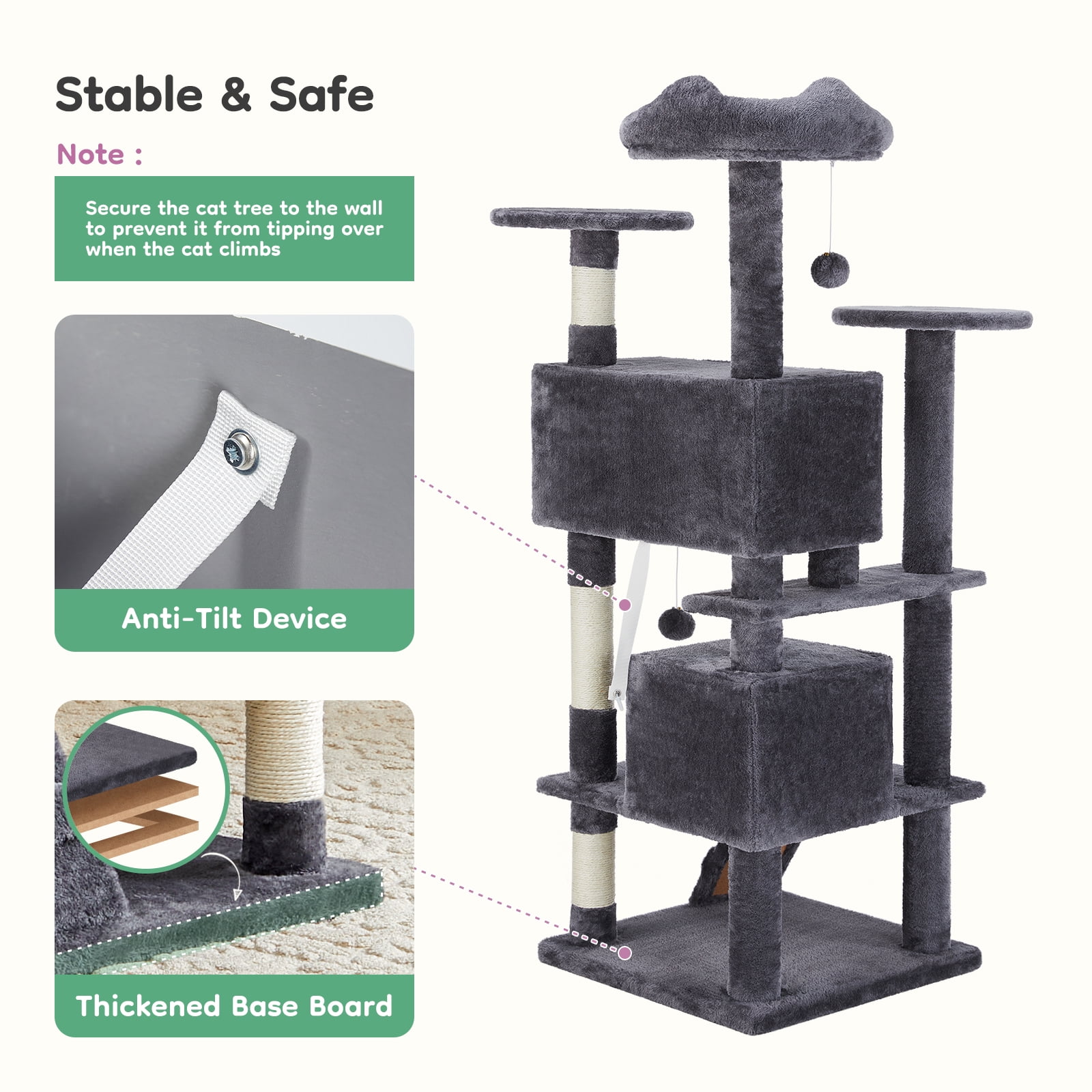 CONCETTA 54in Multi-Level Cat Tree Tower for Indoor Cats with Sisal Scratching Post, Dark Gray