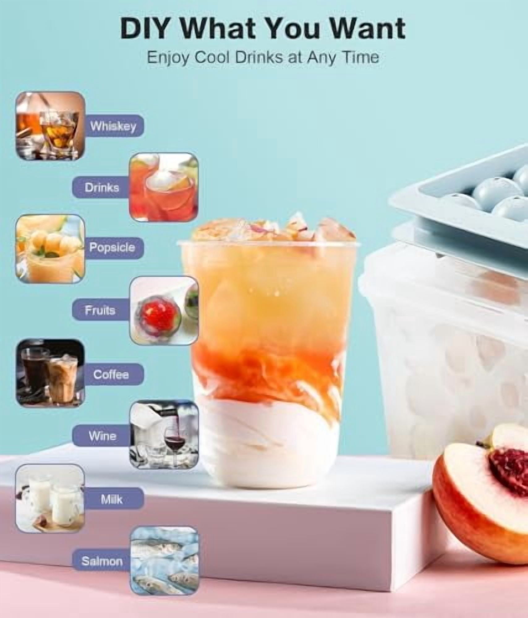 Stackable Round Ice Cube Tray with Lid and Bin - BPA-Free Food Grade Ice Ball Maker Mold for Freezer, Perfect for Cocktails, Whiskey, Coffee, and All Beverages