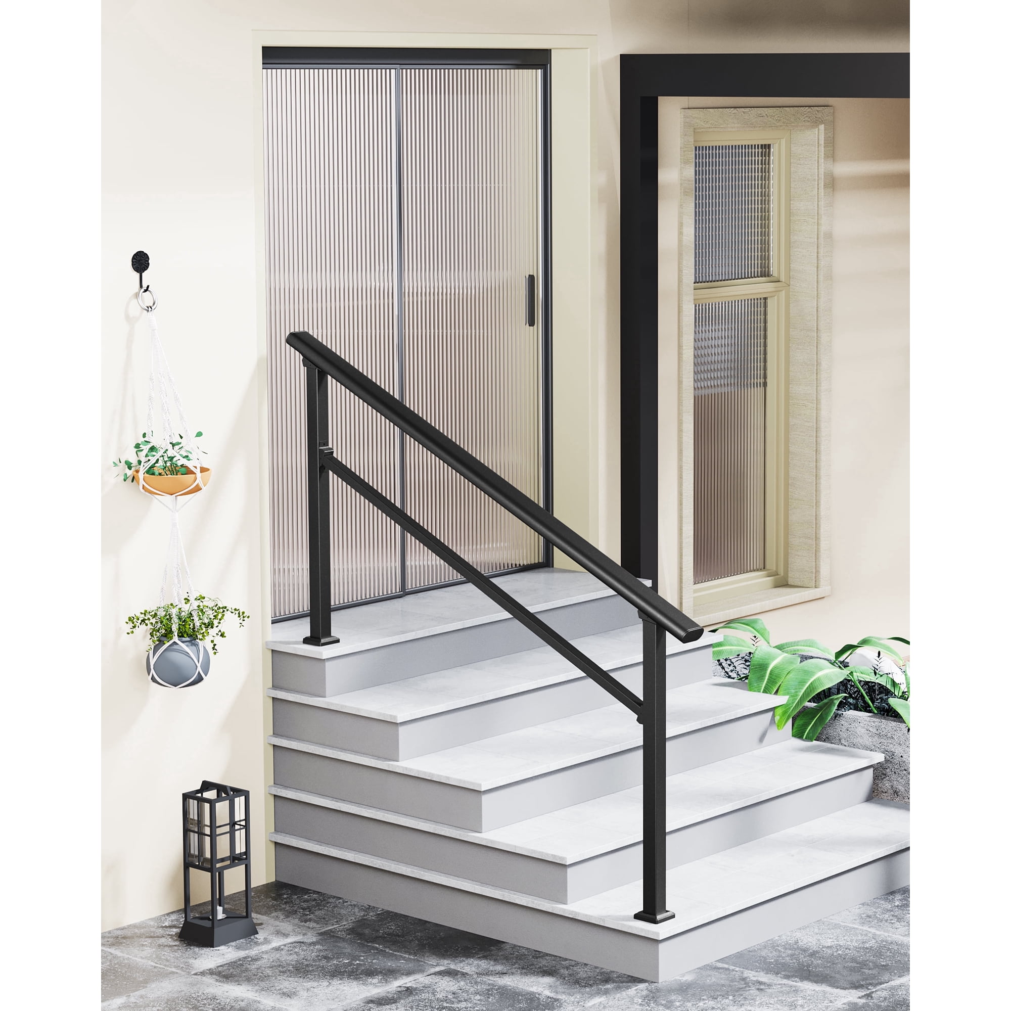Sturdy Aluminum Handrail for 5 Steps – Outdoor Stair Railing Kit, Easy Install for Concrete, Wood, Porch, Secure Safety Banister for Home – 5 steps | 1 pack | Black