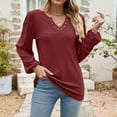 thumbnail image 2 of WREESH Womens Fashion Dressy Tops Solid Color Jacquards V-Neck Long Sleeve Loose T-Shirt Pullover Wine, 2 of 6