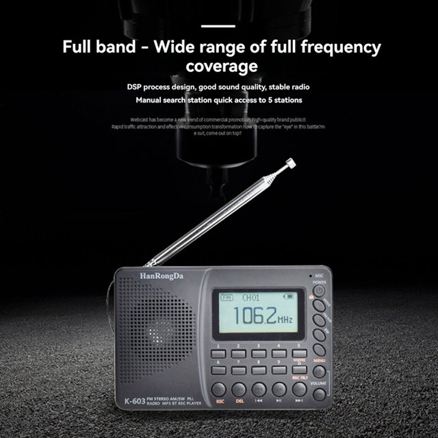 K-603 Radio Portátil Banda con Bluetooth para Personas Mayores,Reproductor MP3 con Grabación Tarjeta, Pantalla LCD Retroiluminada y Temporizador Apagado Automático