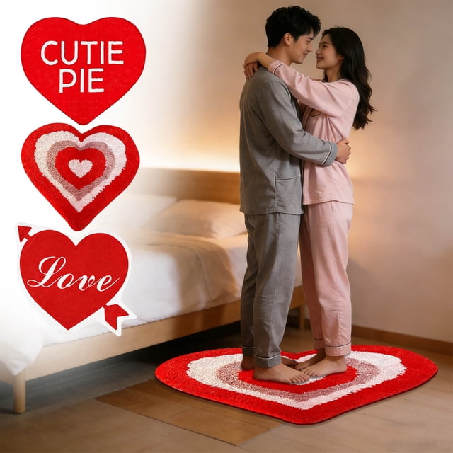 Alfombra de baño en forma de corazón de San Valentín - moqueta pequeña y suave, alfombra roja romántica lavable, antideslizante y acogedora decoración para el hogar, dormitorio, de una sola pieza