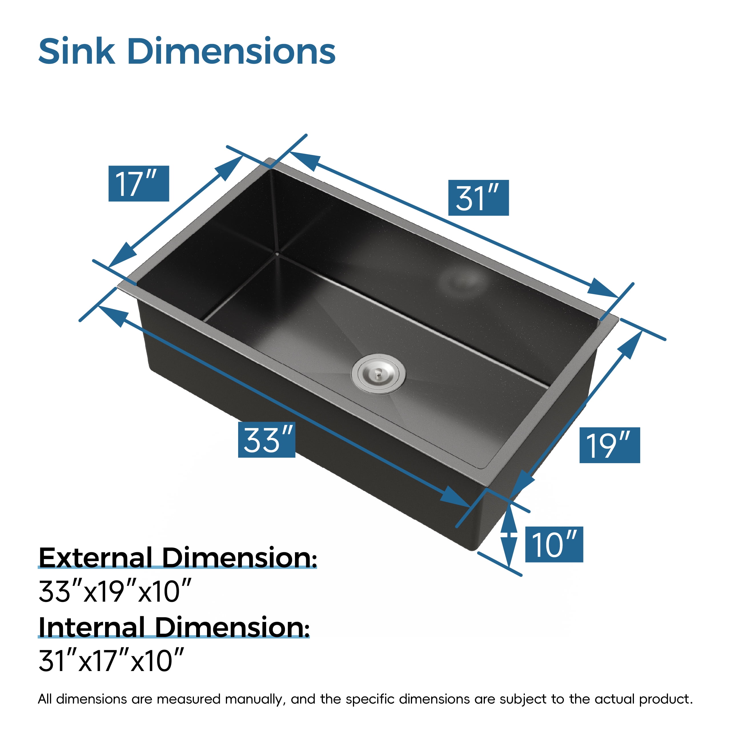 Boyuevi Stainless Steel Kitchen Sink, 33″x19″ Single Bowl, Undermount Handmade Sink in Black, with US Standard Drain and Hook